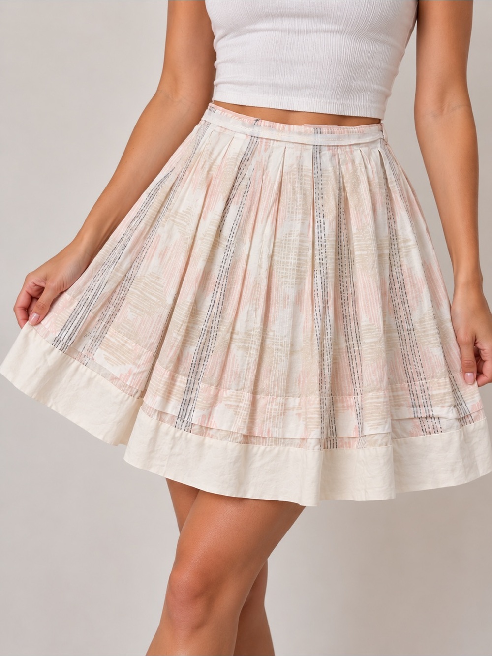 Calvin Klein Pleated Cotton A-Line Skirt Pink Cream Striped Size 4